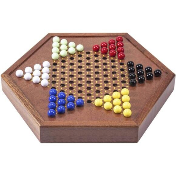 Wooden Chinese Checkers Set with Storage Drawer - 60 Acrylic Marbles in 6 Colors - Picture 2 of 7